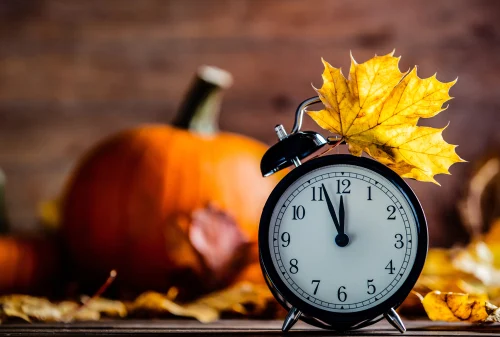 Vintage,alarm,clock,and,maple,tree,leaves,with,pumpkins,on